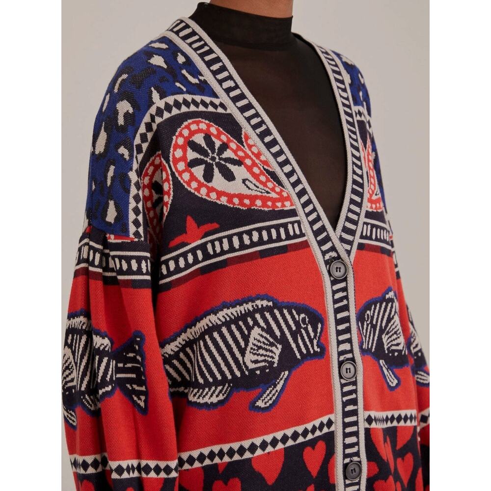 Farm Rio Art to Wear Fair Isle Knit Cardigan Sweater Hearts Fish Waves Small - Picture 14 of 14